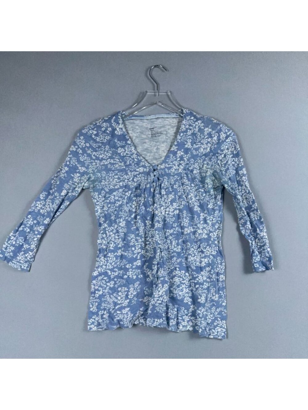 Gap Tunic Top Womens Size XS Blue Floral Print 100% Cotton Long-Sleeve V Neck